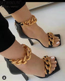 Square Toe Sandals Women Unique Thin High Heels Back Zip Open Toes Metal Chains Decor Runway Sandalias Big Plus Szie