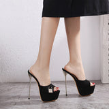 Sexy Crystal Metal Decoratio Platform Slippers Concise Shoes for Women 2022 Summer High Heels Patchwork