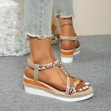 Breakj And Summer New Round Head Flat Bottom Heel Sandals Women Weaving Beads Toe Bohemian Thick-Soled Beach