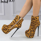 Sexy Leopard Grain Ankle Boots For Women 16.5CM Extreme High Heels Platform Pumps Fashion Round Toe Zip Party Club