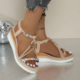 Breakj And Summer New Round Head Flat Bottom Heel Sandals Women Weaving Beads Toe Bohemian Thick-Soled Beach
