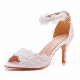 Breakj Cm Lace Fish Mouth High Heel Sandals Shallow Mouth Buckle With Large-Size Round-Head High-Heeled Shoes White Satin Cloth