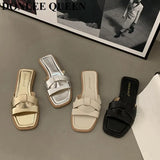 Fashion Weave Slippers Women Square Toe Flat Casual Shoes Brand Slide 2023 Summer Flip Flops Black Gold Sliver Beach