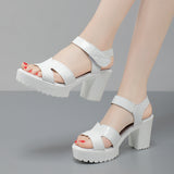 Breakj Leather High Heel Waterproof Sandals Women Fashion Crocodile Pattern Walking Shoes Summer Coarse Heel Magic Sticky H Women's