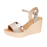 High-Heeled Sandals Women's Gold 2023 New Summer Muffin Thick Soles Large Size One-Word Flat-Soled Soft Sandals Comfortable