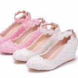 Breakj Heel White Lace Pearl High Heels Women's Shoes Slopes High Heels High Heels Wedding Shoes Shallow Buckle Round Head Single Gift
