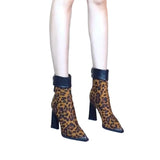 Breakj Fashion Boots Women's High Heel 2024 Winter New Suede Versatile Thin Boots Pointed Thick Heel Leopard Print Short