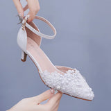 Breakj Cm Large-Size Sandals Fine-Heeled White Lace Water Diamond Wedding Shoes In The Pearl Bridal Dress