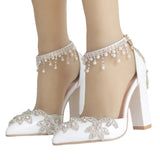 Breakj White Pointed Crystal Wedding Shoes Coarse Heel Ultra-High Heel Bridal Shoes Buckle Tuxedo Water Drill Women