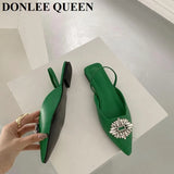 Brand Woman Sandals Luxury Crystal Slingback Flat Pointed Toe Mule Slip On Slide Rhinestone Vacation Shoes Big Size 41