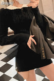 Autumn Korean Suit Sexy Bodycon Mini Skirt + Long Sleeve Solid Short Sweater Woman Knitted 2 Piece Dress Set Retro