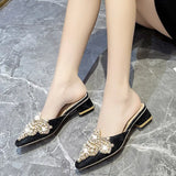 Slippers Women's Fashion Beaded Mules Shoes 2023 New Comfortable Medium Heel Thick Heel Pointed Sandals Zapatos De