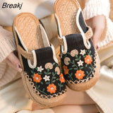 Bohemian Women Linen Canvas Slip-On Flat Shoes Comfortable Retro Loafers Ladies Casual Embroidered Sneakers Hemp