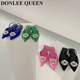 Brand Woman Sandals Luxury Crystal Slingback Flat Pointed Toe Mule Slip On Slide Rhinestone Vacation Shoes Big Size 41
