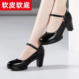 Heel 12Cm Cheongsam Model Catwalk Shoes Women's Thick Heel Thick-Soled Waterproof Platform Non-Slip Round Head Soft Leather Large-Size Single