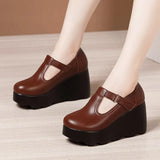 Heel Slope Shallow Mouth Single Shoes 2023 Autumn New Muffin Thick Bottom Waterproof Table Round Head Large Size Female Mother
