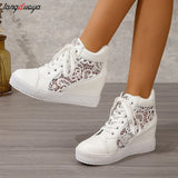 Women Lace-Up High Top sneakers women White lace Casual shoes Comfortable Height Increasing Sneakers Plarform Female Ankle