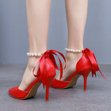 Breakj Cm Red Fine Heel Finger Beads Tied With Sandals Bride Wedding Dress Dress Long Dress Shoes Large Wedding