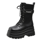 Fashion Chain Buckle Cross Tied Goth Women Shoes Mid Calf Punk Platform Flats Motorcycles Boots Winter Mujer Boots