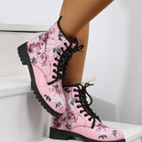2023 Boots PU Faux Fur Foreign Trade Round Toe Lace-up Mid-tube Flat Heel Pink Leather Boots Plus Size
