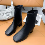 2023 New Thick Heel High Heel Single Boots Women's British Wind Square Head Rear Zipper Black Simple 44 Plus Size Ankle