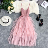 New Women Tulle Dress Summer Mesh Dress Summer High Waist Hem Asymmetrical Pleated Fairy Dress Female Slim