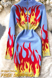 Fire Flame Print Knit Sweater Dress Women New Chic Zipper up Stand Collar Full Sleeve Sexy Party Streetwear Club