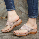 Wedge Shoes Soft Sole Vintage Ladies Sandals Embroidery Flower Casual Shoes For Women Comfy Mom Footwear Flip Flops