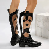 Transparent Knee High Boots Women Pointed Toe Chunky Heels Cowbot Boots Woman Patent Leather Patchwork Long Botas
