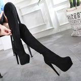 Sexy Suede Long Boots 15cm High Heel Over-the-Knee Boots Fashion Elastic Boots Thin Heel Waterproof Platform Womens