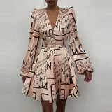 New Women Sexy V Neck Letters Print Fashion Short Dresses Casual Satin Slim Lantern Sleeves Zipper Elegant Party
