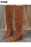 Women Suede Knee High Boots Ladies Solid Pointed Toe Tall Boots Retro Roman High Heels Shoes 2023 Female Autumn Winter Long
