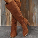 Breakj New Large-Size Female Boots Coarse And Velvet Over The Knee Brown Round Head Long-Sleeve