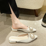 Breakj 2024 New Women's Shoes Korean Diamond Round Buckle Head Half Pointed Tip Low Heel Sandals Large