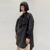 Loose Shirt For Women Lapel Long Sleeve Patchwork Floral Solid Button Through Blouse Female Fashion Clothing