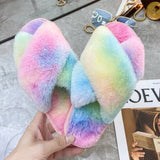 Winter Women House Slippers Faux Fur Fashion Cross Warm Shoes Woman Flats Female Open Toes Slides Pink Cozy Furry