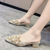 Slippers Women's Fashion Beaded Mules Shoes 2023 New Comfortable Medium Heel Thick Heel Pointed Sandals Zapatos De