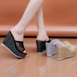 Golden Women Slippers Summer Shoes Platform 4cm Outside Fitting-room 11cm High Heels Wedges Solid Mesh Female Sliver
