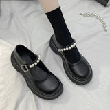 Buckle Mary Jane Shoes Thick-Soled Flat-Soled Spring Single Shoes Round Head White Bright Leather Small British Leather