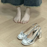Breakj Bow Beautiful Silver Mary Jane High Heel Women's Back Empty Coarse Sandals 2025 Summer New Single