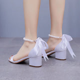 Breakj Cm Square Heel Sandals Shallow Mouth With Thick Heel Sandals White Beads Drifted Sandals Bride Wedding