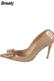 nude 12cm extreme high heels women shoes with bow rivets black red pointed toe shallow women pumps plus size MD002