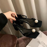 Breakj Head Pearl With Thick Heel Sandals Woman 2025 Summer Fairy Wind Clip Roman
