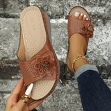 Flower Wedge Sandals Women 2023 Summer PU Leather Platform Slippers Woman Plus Size 43 Comfortable Beach Shoes Flip