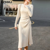 winter A-LINE sweater dress elegant knit Drawstring dress women slim midi dress Female chic knit elegant