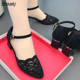 Women's Sandals Spring Summer Elegant Mid-heel Hollow Mesh Pumps Black High Heels Party Large Size