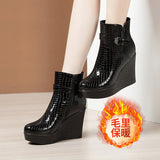 Breakj Slope And Short Boots Women Thick-Bottom Waterproof Leather Boots Light And Slip Single Boots Autumn And Winter Side Zipper Plus Velvet Martin