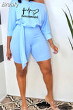 Casual Side Lace Up Print Top And Skinny Shorts Two Piece Summer Female Sporty 2pcs Outfits Off Shoulder Matching