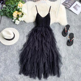 New Women Tulle Dress Summer Mesh Dress Summer High Waist Hem Asymmetrical Pleated Fairy Dress Female Slim
