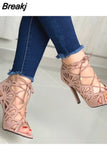 Fashion Women High Heels Sandals Pumps Sexy Hollow Lace-Up Cross-Tied Females Summer Sandals Peep Toe Party Shoes